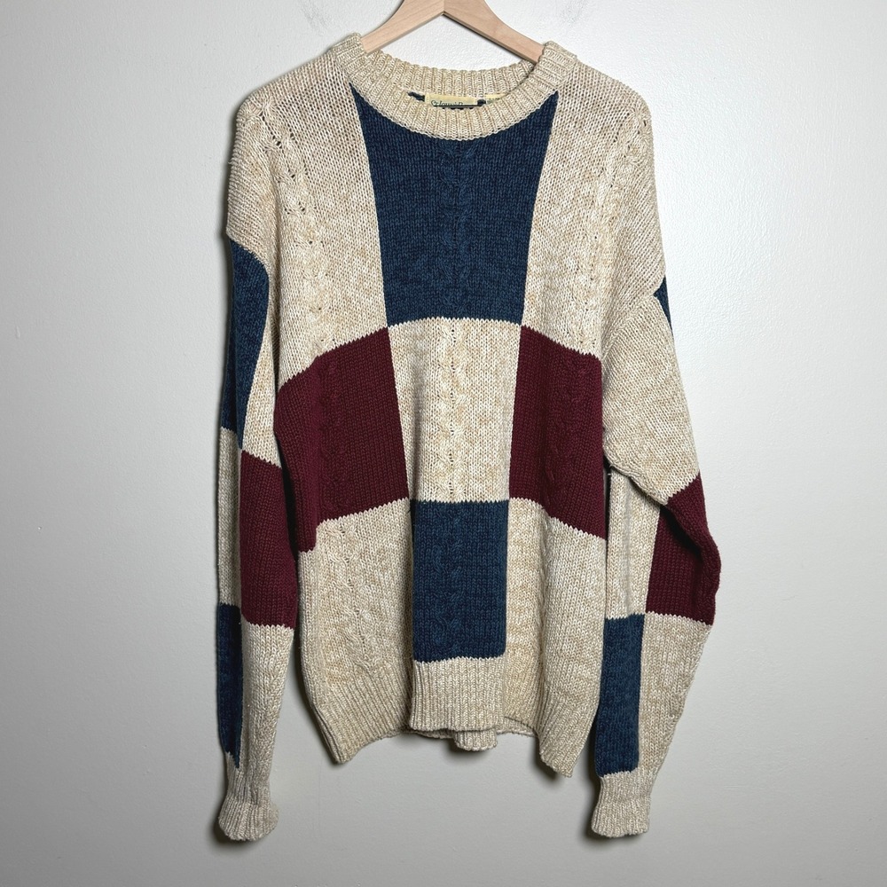 St. John's Bay Mens Cotton Sweater XL Beige Colorblock Cable Knit Crewneck